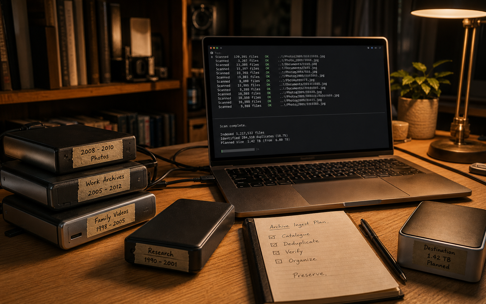 A desk with old external drives, archive labels, a laptop terminal, and a destination drive.