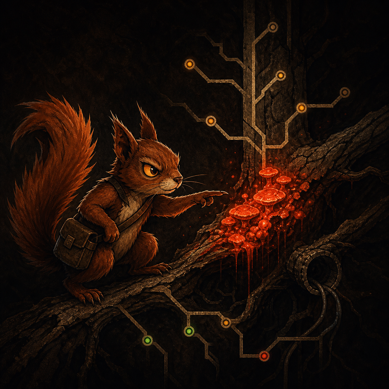 Ratatoskr points at glowing red generated waste growing on a filesystem branch.