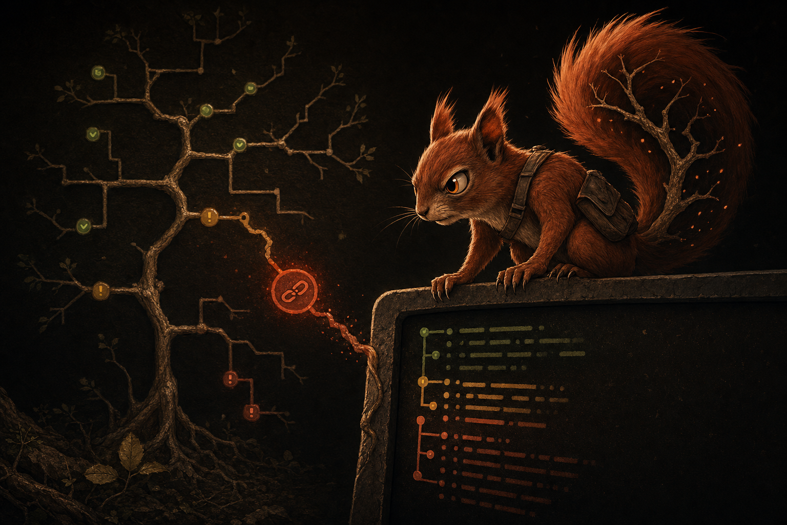 Ratatoskr, a rust-red squirrel scout, perched on a terminal and inspecting a glowing symlink in a filesystem tree.