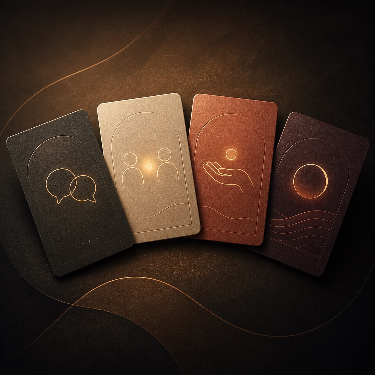 Four abstract practice cards arranged in a warm arc.