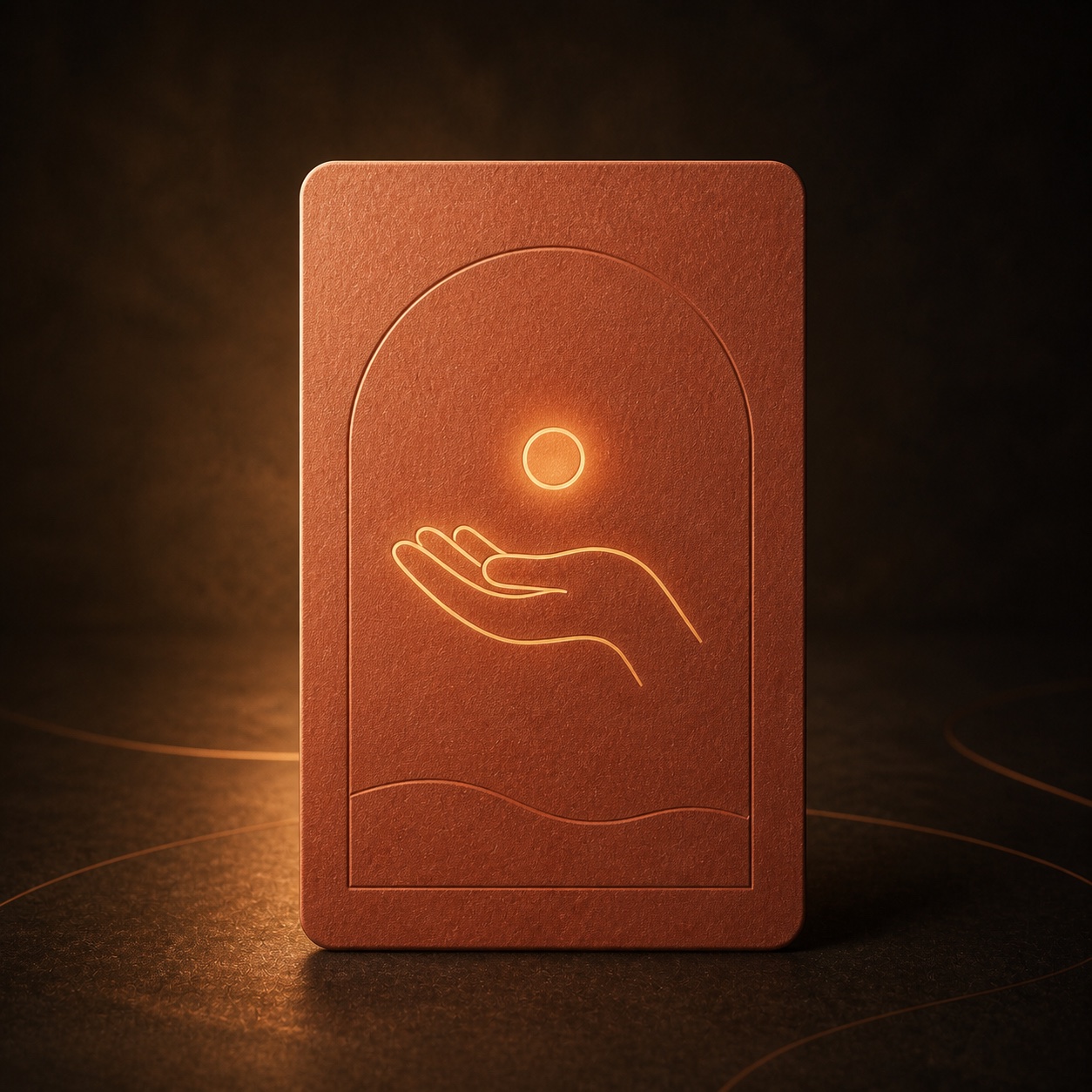 Partly clothed touch deck card with an open hand beneath a small glowing circle.