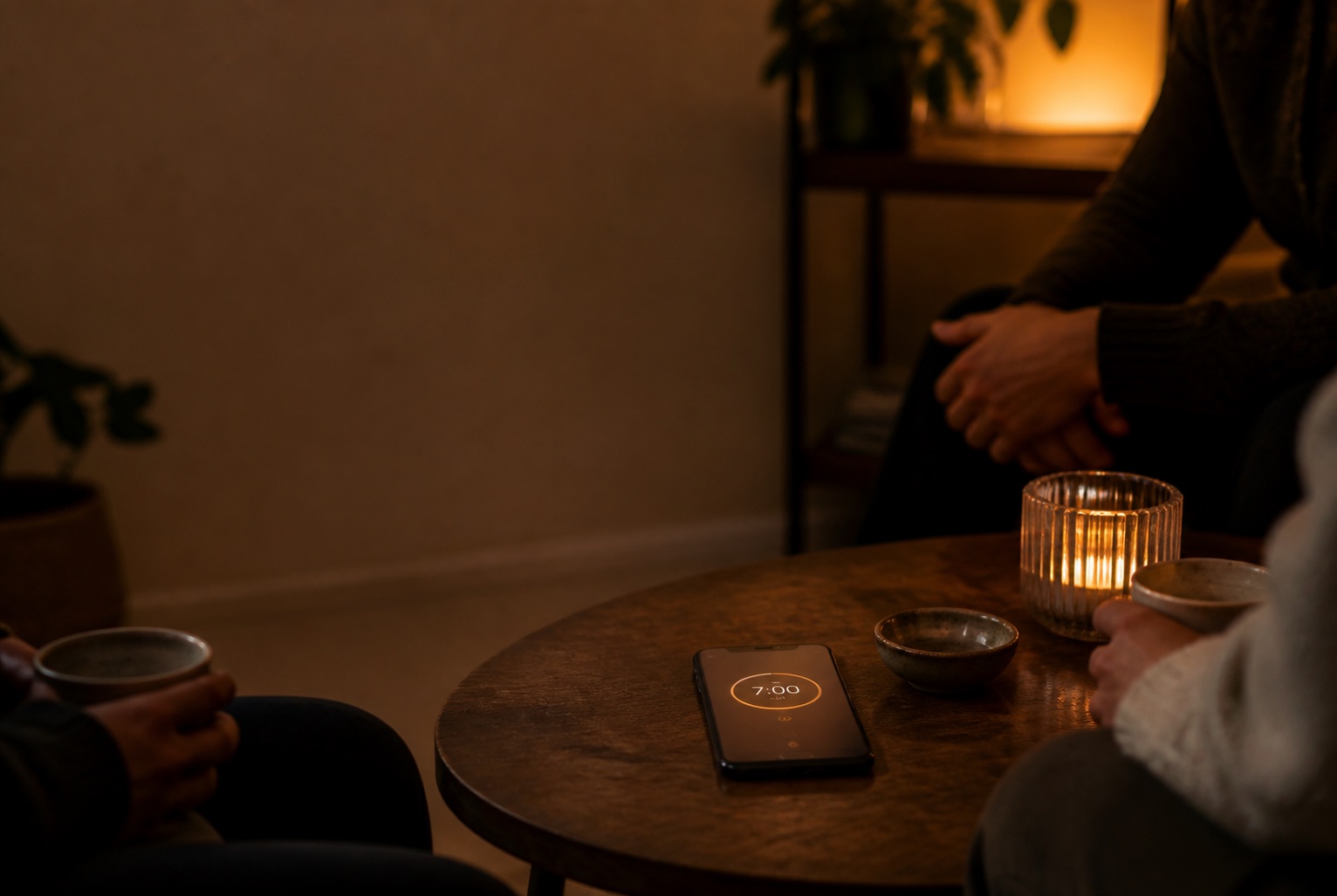 A warm evening table scene with a phone timer glowing softly during a private shared practice.