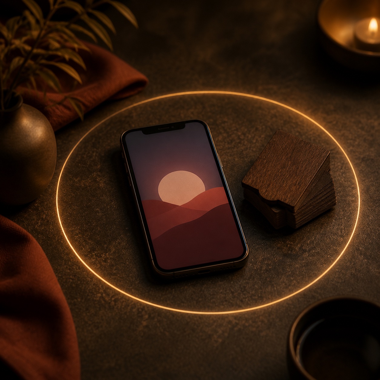 A warm still life with a phone protected by a quiet circle of light.